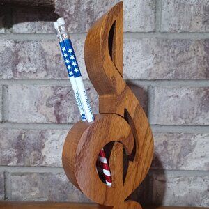 Handcrafted Wooden Treble Clef Pen Pencil Holder Signed Curt’s Creations Oklahom